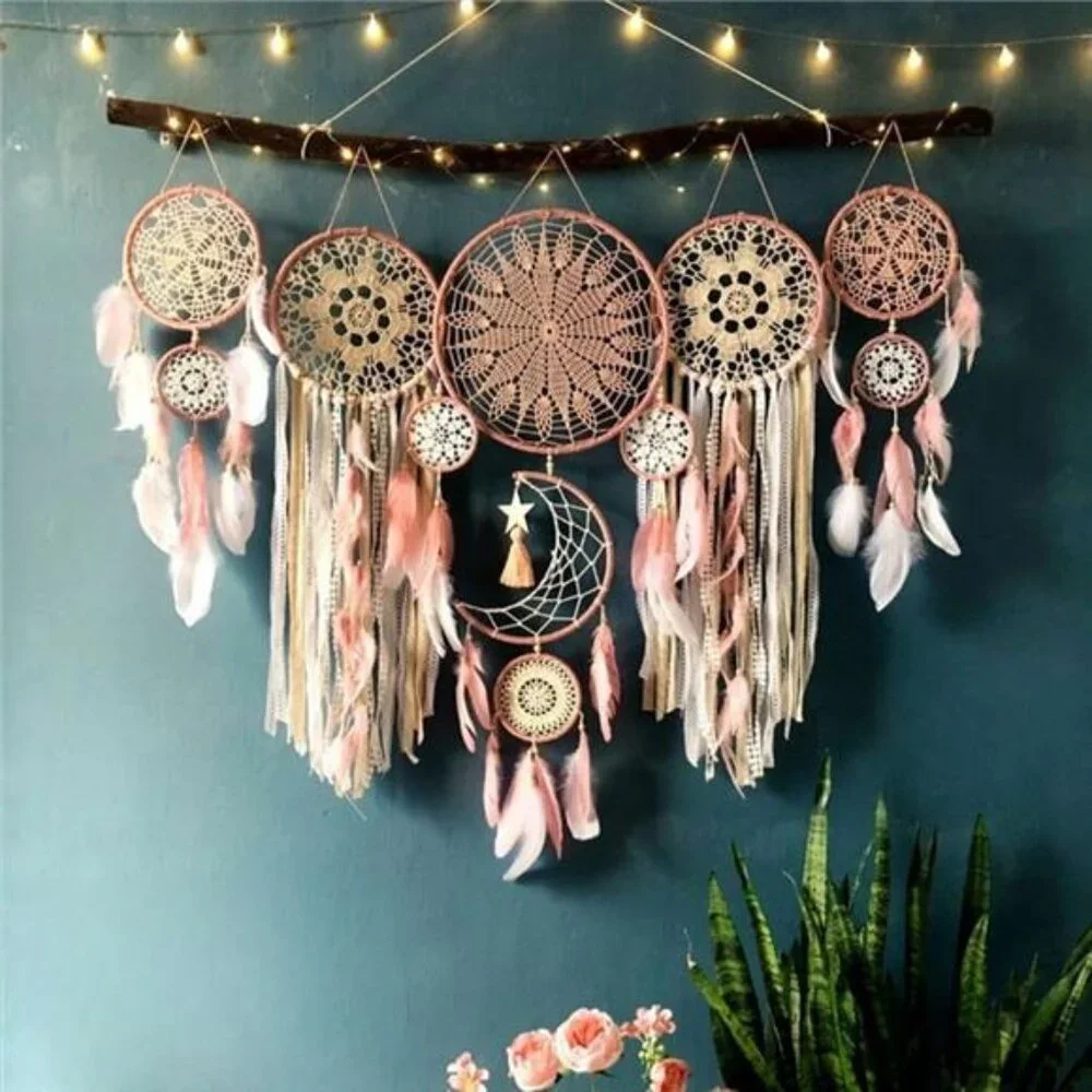 Moon Phase Dreamcatcher Set Boho Wall Decor (Color Pink)